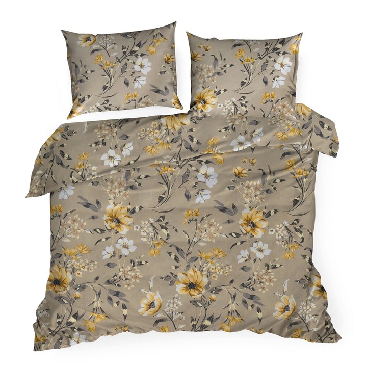 Lenjerie de pat din bumbac EMY 160x200 Eurofirany bej inchis mustar crema flori