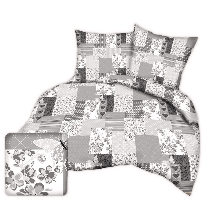 Lenjerie de pat din bumbac 160x200 gri patchwork inimi fluturi flori