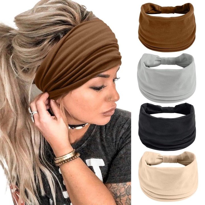 Set 4 bentite par pentru spalarea fetei, Hggzeg, Bentite pentru par, Cu banda elastica, Elimina transpiratia, Respirabil si moale, Pentru yoga, alergare, machiaj, Poliester, 24x14cm, Maro/Gri/Negru/Bej