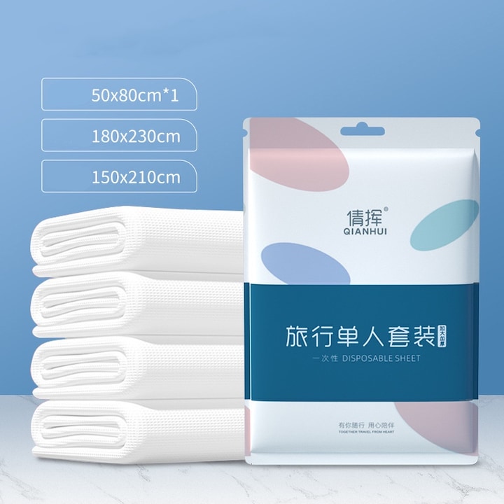 Set de lenjerie de pat de unica folosinta, 3 straturi de material textil netesut, igienic si respirabil, Cearsaf pentru pat, fata de perna, cearsaf pentru pilota