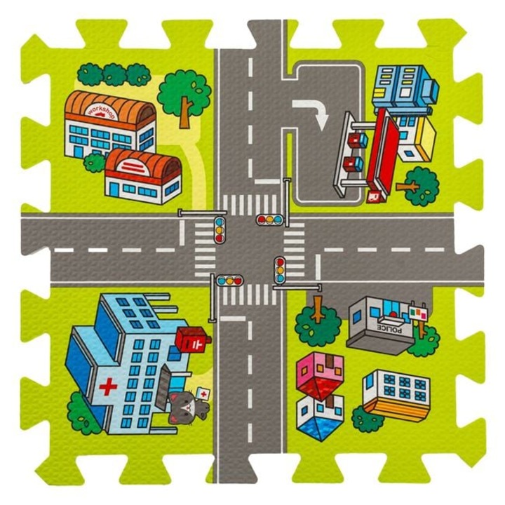 Covoras tip Puzzle cu Strazi AVA®, Spuma, Verde, 9 Placi, 31.5 x 31.5 cm