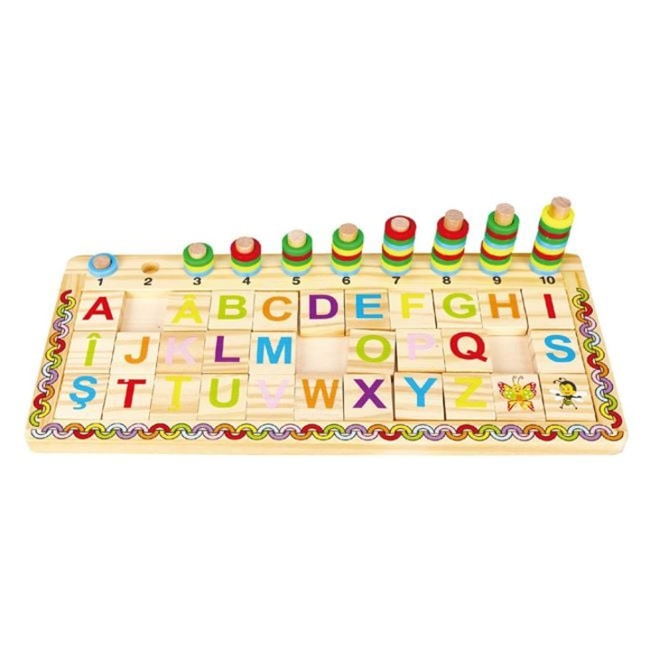 Oktató jellegű fa puzzle ábécével és számokkal, 41,5x19 cm