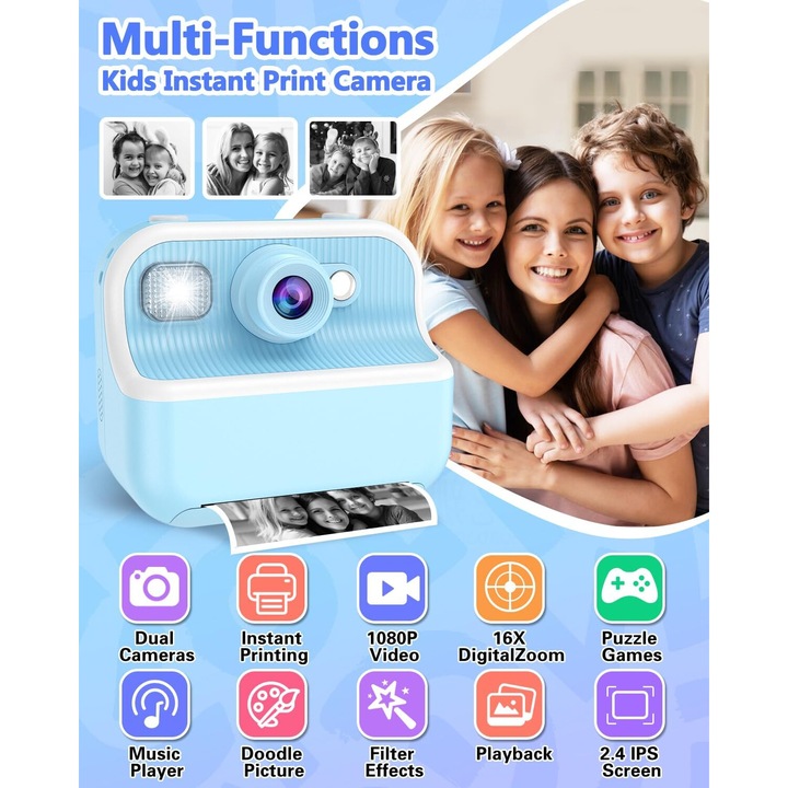 Детска играчка с моментална камера, WALALLA, 2,4-инчов IPS екран, двойна камера, светкавица, 32GB карта, образователни игри, музика, подходящо за детско парти/подарък, 1500 mAh, ABS, розово