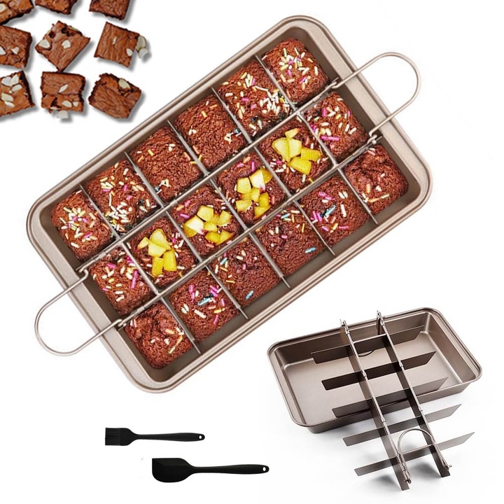 Brownie tepsi elválasztókkal, szénacél, 18 adag, barna, 8x12 hüvelykes