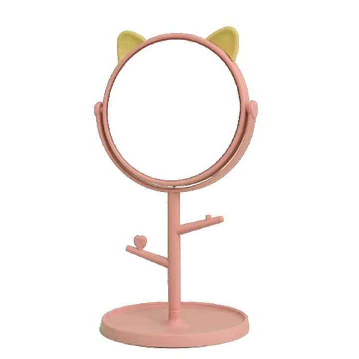 Oglinda cosmetica cu picior, HD, rotire 360°, suport bijuterii baza rotunda + 2 brate, model urechi, 31x14.5x15 cm, plastic, roz/galben