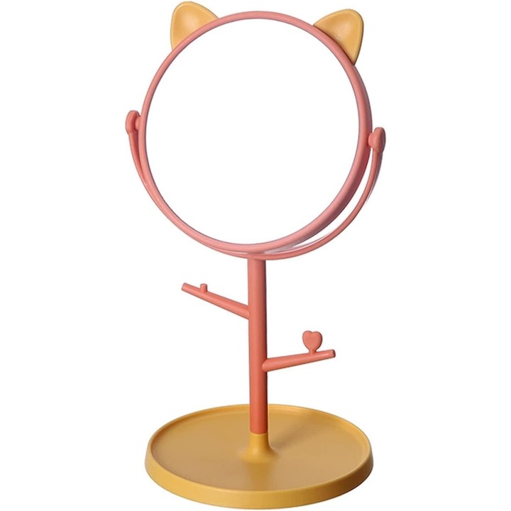 Oglina Cosmetica cu Picior, OEM, HD, Rotire 360 Grade, 15 cm Diametru, Suport Bijuterii Baza Rotunda + 2 Brate, Model cu Urechi, 31 x 14.5 x 15 cm, din Plastic, Portocaliu/Galben