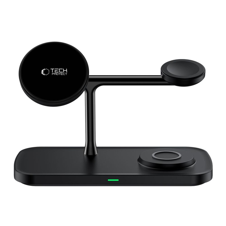 Statie de incarcare 3 in 1 TECH-PROTECT A45 Magnetic, Compatibila MagSafe, Wireless Charge, 15W, Cablu USB-C 1m inclus, Negru