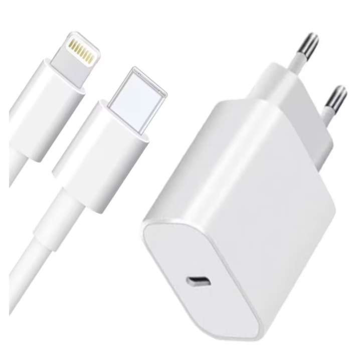 Incarcator retea Lightning - USB C compatibil cu Iphone X/XR/XS/XS Max/ 11/ 12/ 13/14, 20W, incarcare rapida, plus, cablu 1m, Alb