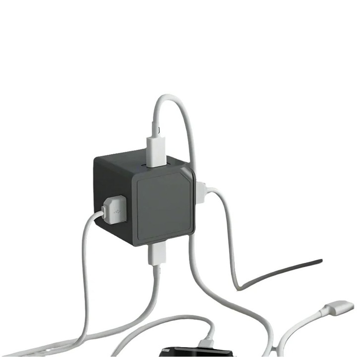 Allocacoc USB töltő, USBCube, 2 x USB-C port, 2 x USB-A, gyorstöltés, ideális irodai/otthoni használatra, kompakt kialakítás, szürke