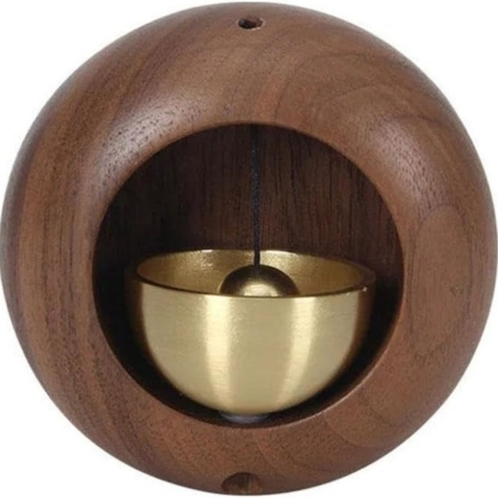 NAKANZI Premium Magnetic Doorbell - Дзен звънец от месинг и орехово дърво (кръгла форма, тъмнокафяв) - Творчески подарък за дома/офиса