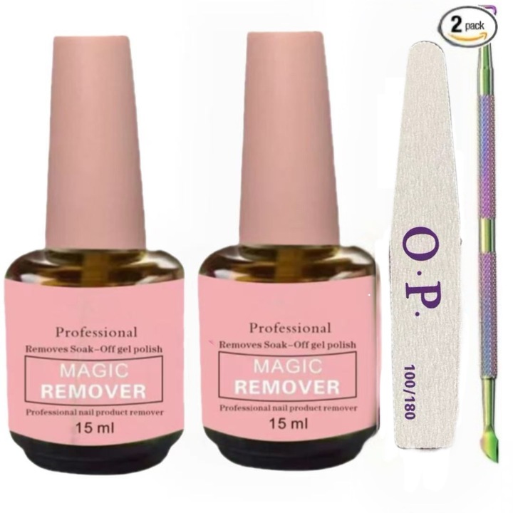 Set dizolvant unghii 2x15ml, scraper din otel inoxidabil, pila pentru unghii, indepartare rapida gel