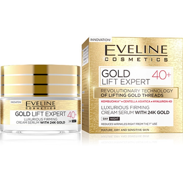 Луксозен стягащ дневен/нощен крем-серум за лице Gold Lift Expert, Eveline 40+ с 24 каратово злато, 50 мл