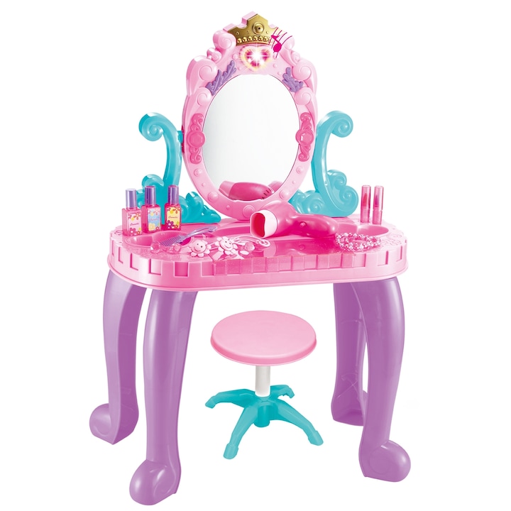 M-Toys asztal tükörrel, kiegészítők, fények és hangok, Rózsaszín/lila/türkiz