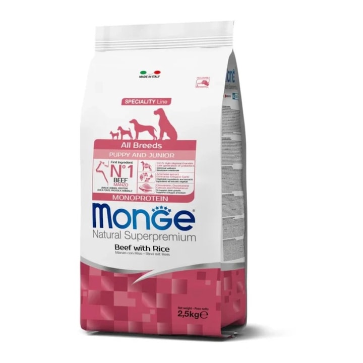 Hrana uscata pentru catei, Monge Monoprotein cu vita si orez, 2.5 kg