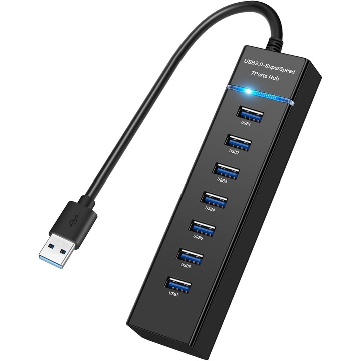 Hub USB 7 in 1, USB 3.0, 7 porturi, 5 Gbps, de 30 cm, compatibil Windows, mac OS, Linux, Plug and Play, lumina LED, protectie supracurent, supraincarcare, scurtcircuit, multifunctional