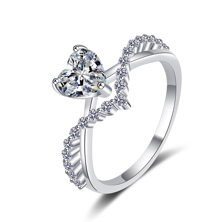 Inel, Fokelyi, Argint placat cu aur, Design unic inima, 1 Karat Moissanite, Marimea 9, Argintiu