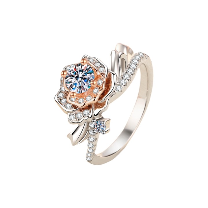 Inel din argint 925 cu piatra moissanite, design retro artistic, culoare roz aurie, marimea 9