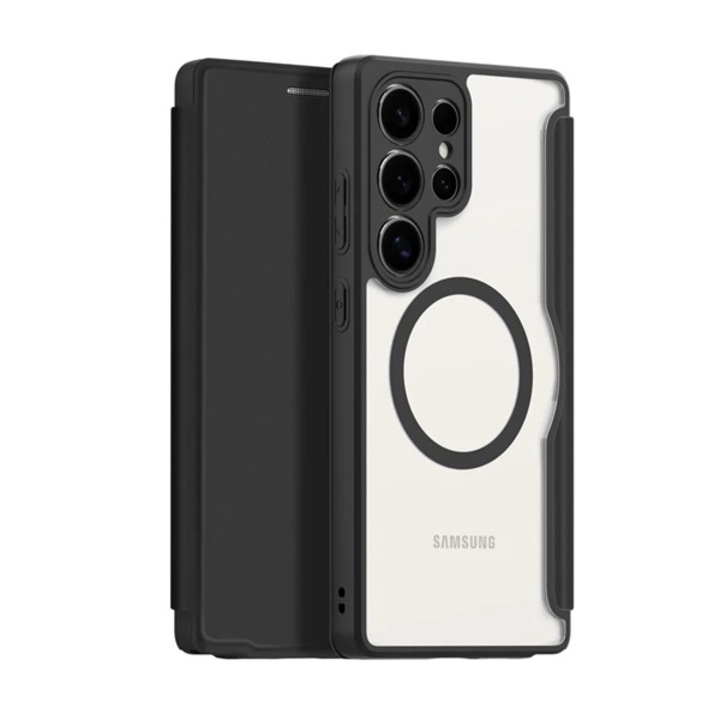 Dux ducis skin x pro husă de telefon mobil verticală, aspect piele, flip, cu deschidere laterală, rfid, magsafe, negru, compatibil: Samsung Galaxy S25 Ultra, SM-S938