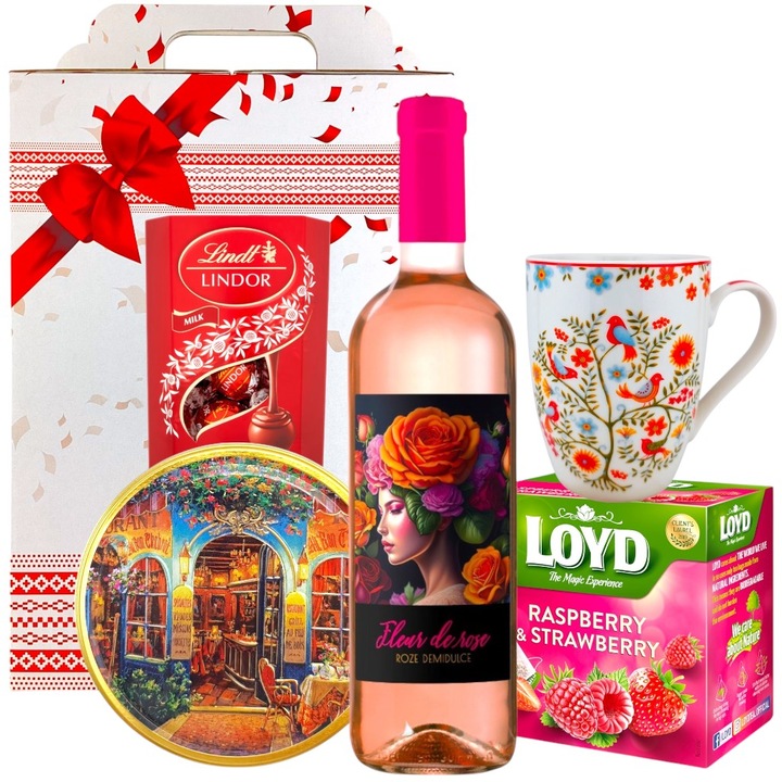 Pachet Cadou Femei CADOURI RAFINATE – Primarose: Vin Rosé, Bomboane Lindt, Fursecuri Daneze cu Unt in Cutie Metalica de Colectie, Ceai Premium, Cana Decor Primavara si Ambalaj Festiv, pentru Cadouri de 8 Martie, Valentine's Day sau Aniversari