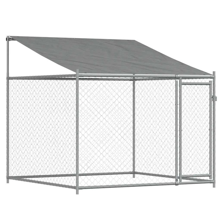 Cusca de caini cu acoperis si usa gri vidaXL, 2x2x2 m, otel galvanizat, 19.05 kg