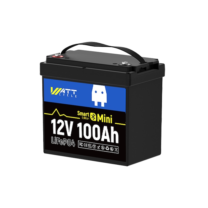 ΠΠ»ΡΠΌΡΠ»Π°ΡΠΎΡ Π·Π° Π°Π²ΡΠΎΠΌΠΎΠ±ΠΈΠ» Mini LiFePO4 12V 100Ah, WattCycle, Bluetooth, 229x138x208 mm, 9,5 kg, ΡΠ΅ΡΠ½Π°