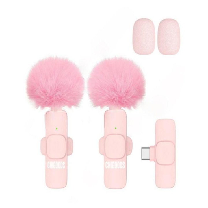 Комплект от 2 професионални петлични микрофона, CHIGOODS, безжичен 2.4G, USB Type-C, 800mAh, С ветроустойчива качулка, бързо свързване, предаване на живо, розово