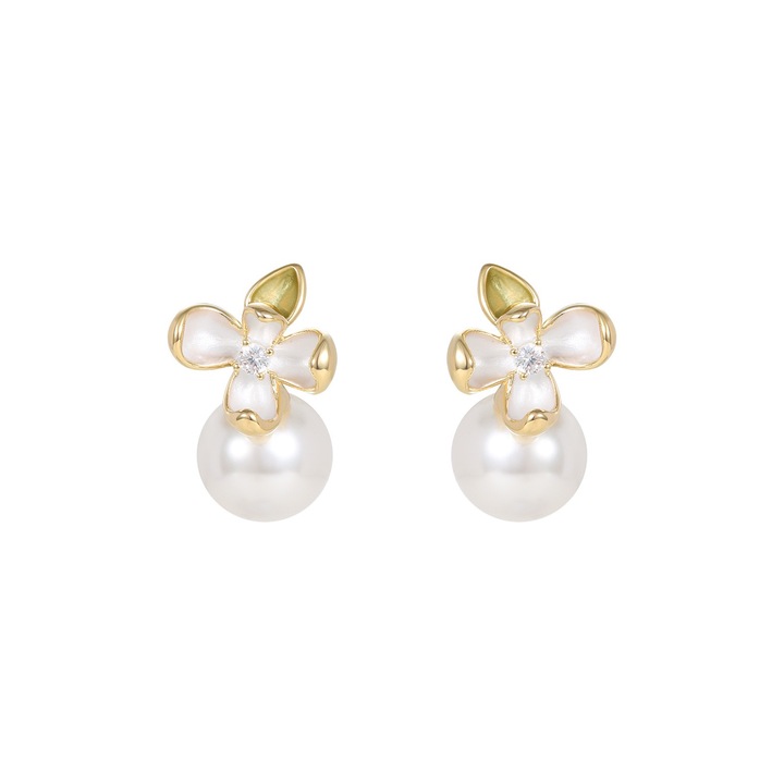 Cercei cu flori de crin si perle artificiale, 20*12.5mm, Zirconiu de calitate 3A, Perle artificiale