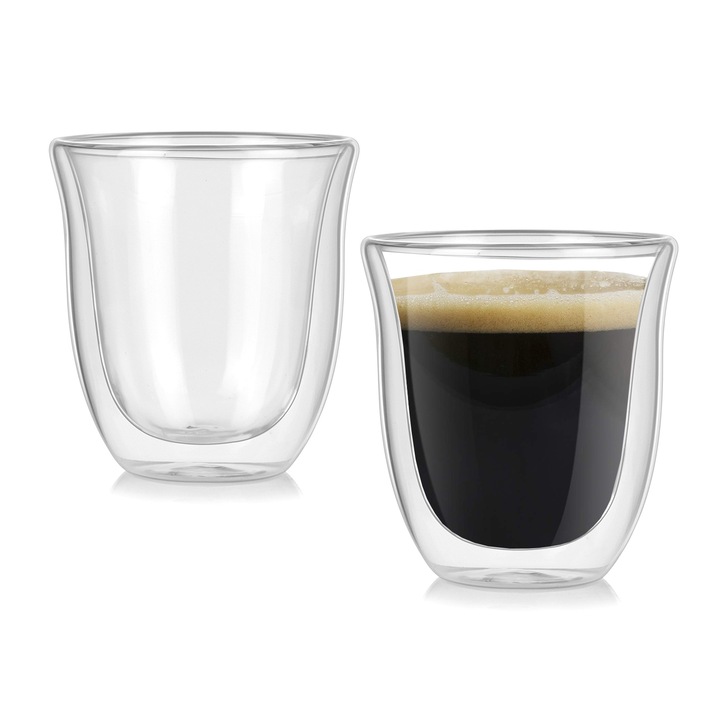 Set 2 Pahare din Sticla Borosilicata Termorezistenta, Gorielden, Ceasca de cafea, 150 ml, Pentru Bauturi Calde si Reci, Pereti Dubli, Design Modern, Sticla termorezistenta, Transparent