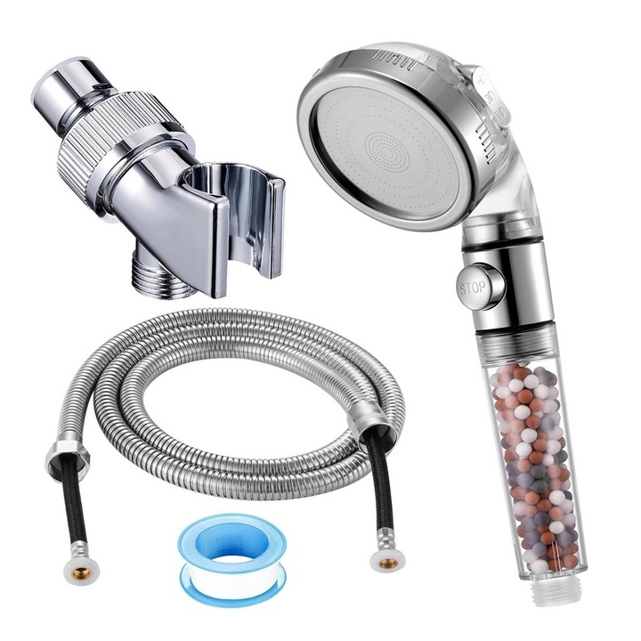 Душ слушалка, с аксесоари, carrlinechoo®, неръждаема стомана, воден филтър, 3 функции, сребрист