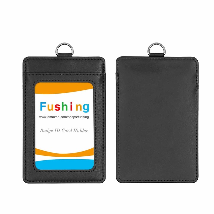 Ecuson de identitate cu suport clip, SINBINTA, Suporturi card de identitate, Durabil, Portabil, Usor de atasat si detasat, Pentru ecuson, legitimatie, card acces, PU/Metal, 11.3*7.2cm, Negru/Transparent