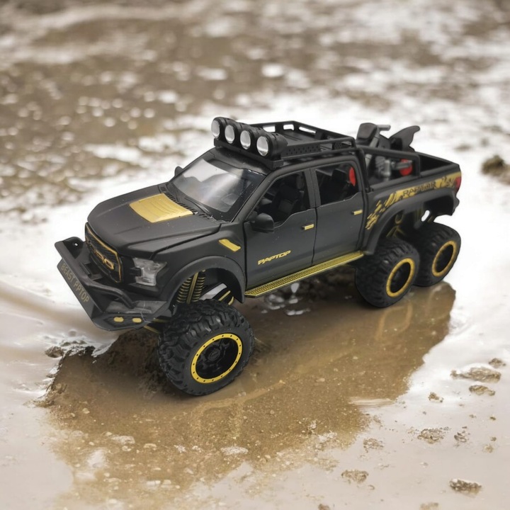 Fém modell Ford F-150 Raptor teherautó Hennessey VelociRaptor tuningolása 6x6, 1:28 méretarányú, Fekete, motorkerékpárral az ágyban, Fények, Hangok, Visszahúzás, Felfüggesztések, minden ajtó, motorháztető és csomagtérajtó nyitva, 22 cm, VisionXXI