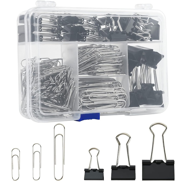 Set 340 agrafe de hartie si set de lianti, SINBINTA, Cu cutie de depozitare transparenta, Specificatii multiple, Usor de folosit, Depozitare convenabila, Pentru birou, scoala, casa, Metal/Plastic, Multicolor