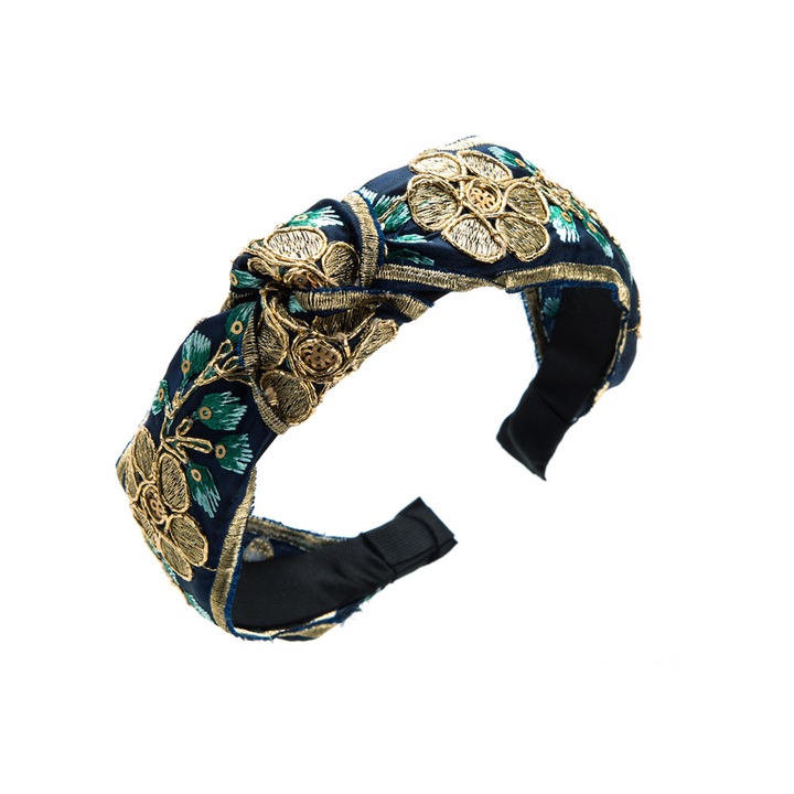 Bentita pentru par cu nod, stil Court, broderie, Boho, albastru marin
