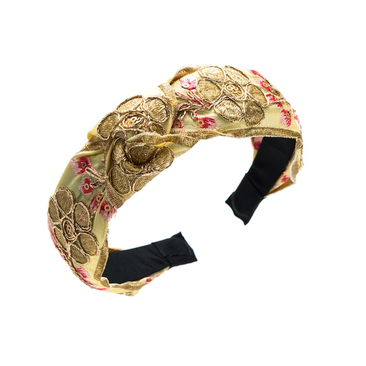 Bentita pentru par cu nod, stil Court, broderie, Boho, kaki
