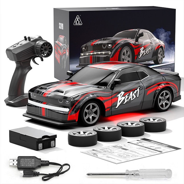 RC Кола 4WD, Дрифт количка, 2.4G, LED светлина, сменяеми гуми, 1:16, тъмносива