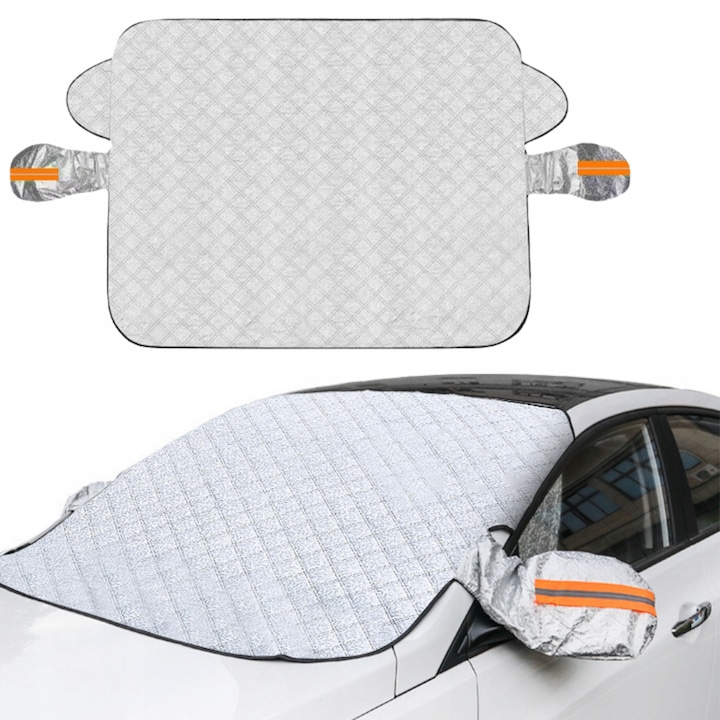 Parasolar pentru protectie parbriz si oglinzi cu banda reflectorizanta, Protectie Universala Impotriva Intemperiilor, Material Durabil Din Folie De Aluminiu Peva, Fixare Stabila Cu Curele Si Magneti, Argintiu