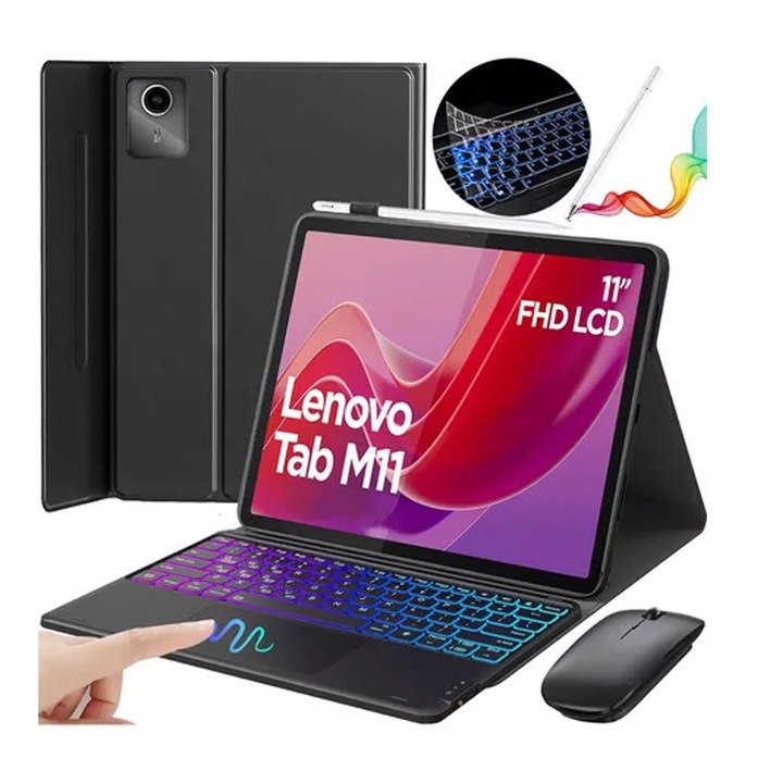 Husa pentru tastatura wireless pentru Lenovo xiaoxin Pad 2024 Tab M11 TB-330FU/TB-331FC 11 inch, tastatura iluminata colorata, include mouse 2.4G Dual Mode, stylus, negru