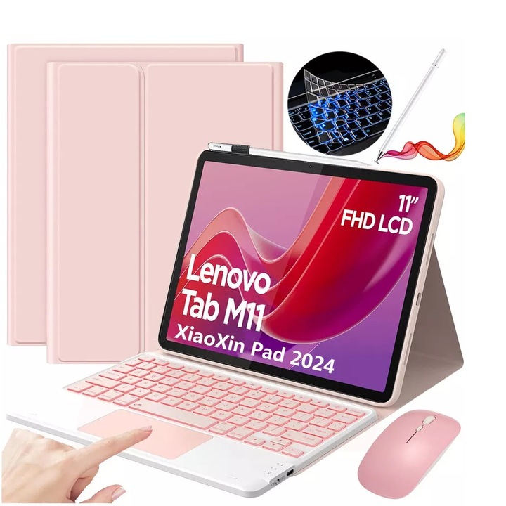 Husa pentru tastatura wireless pentru Lenovo xiaoxin Pad 2024 Tab M11 TB-330FU/TB-331FC 11 inch, tastatura iluminata colorata, include mouse 2.4G Dual Mode, stylus, roz
