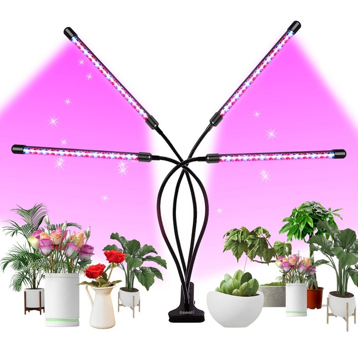 Lampa UV pentru cresterea plantelor la interior, cu 4 brate reglabile, 80 de LED-uri, spectru complet rosu & albastru cu clemsa, lampa de crestere cu 9 trepte intensitate si temporizator auto, pentru suglinge si succulente
