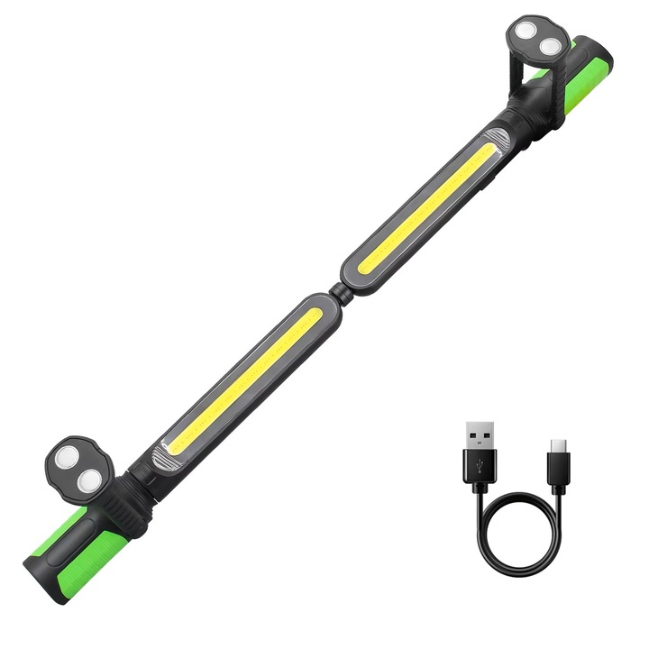Lampa de lucru atelier EMV, portabila, lampa lucru santier, camping, cu magneti puternici, luminozitate ultra 1400 lm, lumina 6500K, unghi ajustabil la capete de 350 grade, carlige de agatare