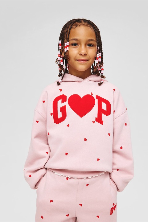 GAP, Худи с десен и лого, Червен/Бледо розово