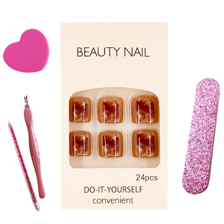 Set de unghii false 24 buc, pentru degete, FanFox™, manichiura franceza, Mur, scurte, cu adeziv