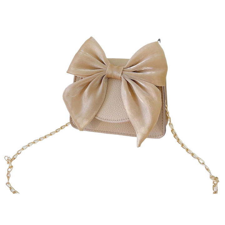 Elegáns lánykatáska, bézs színben, szatén masnival és arany lánccal - Tökéletes kiegészítő különleges eseményekre