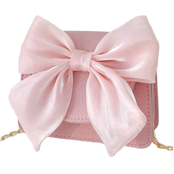 Elegáns lánykatáska, rózsaszín, szatén masnival és arany lánccal - Tökéletes kiegészítő eseményekre és stílusos öltözékekhez