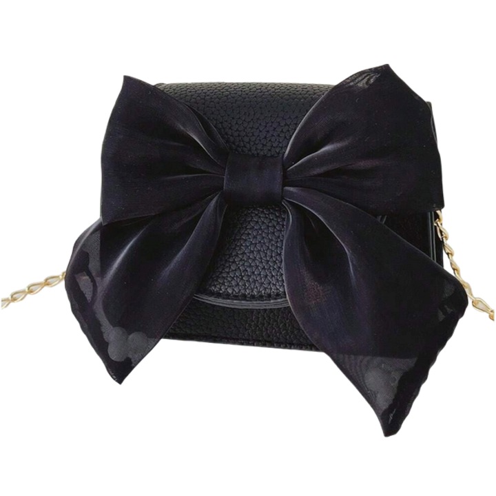 Elegáns fekete lányos táska szatén masnival és aranylánccal - Finom kiegészítő különleges eseményekre és hétköznapi viseletre