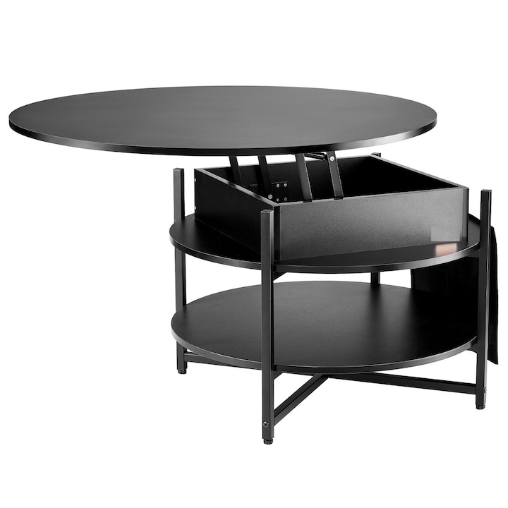 Холна маса Lift Top, 2 в 1 разтегателен плот, кръгла 900 x 510 mm, черна, джобове за съхранение