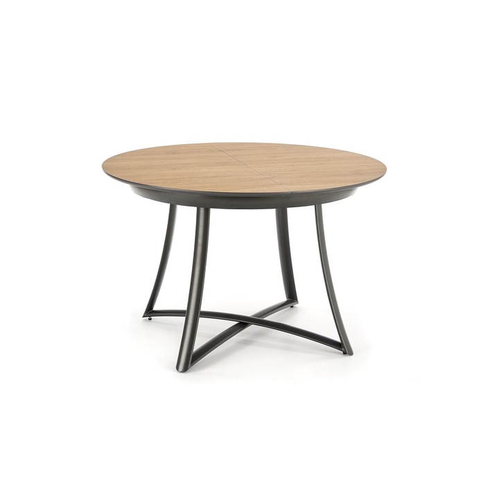 Masa de dining rotunda extensibila cu blat aspect de lemn si diametru de 118 cm si picioare negre Moretti