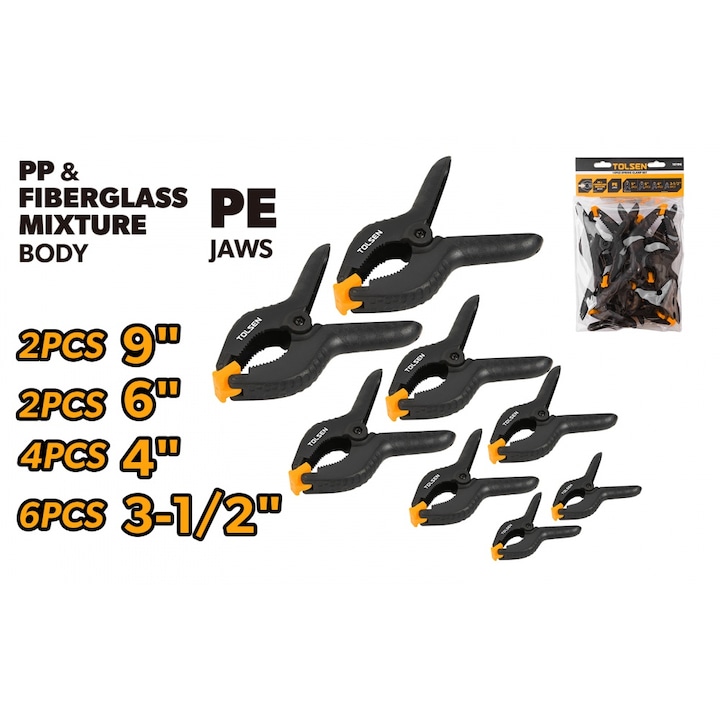 Set de cleme cu arc TOLSEN, 14 bucati: 2x230 mm, 2x150 mm, 4x100 mm, 6x90 mm, corp PP cu fibra de sticla, falci PE, prindere ferma si rezistenta