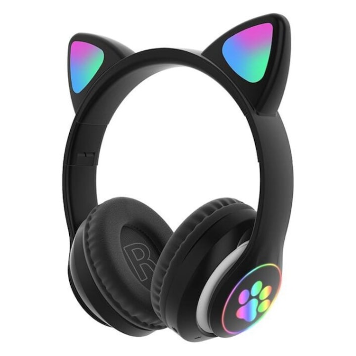 Casti dragute cu ureche de pisica Bluetooth 5.0 Casti fara fir pentru jocuri Bass Anulare zgomot Stereo wireless Suport muzica Card, NEGRU