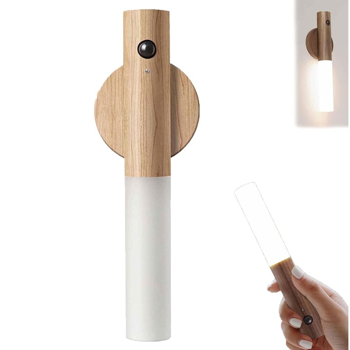 Lampa LED SMART de veghe, cu senzor de miscare, suport magnetic, lumina calda 2700-3000k, 1200w, 3 moduri de lucru pana la 20 ore, detasabila/multifunctionala/reincarcabila/portabila/moderna/hol/baie/dormitor/bucatarie, lemn de frasin
